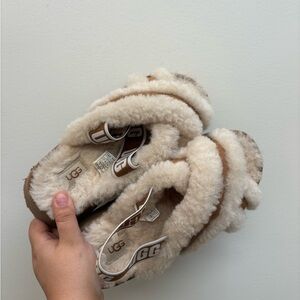 UGG Fluffy Tan and Cream Slippers